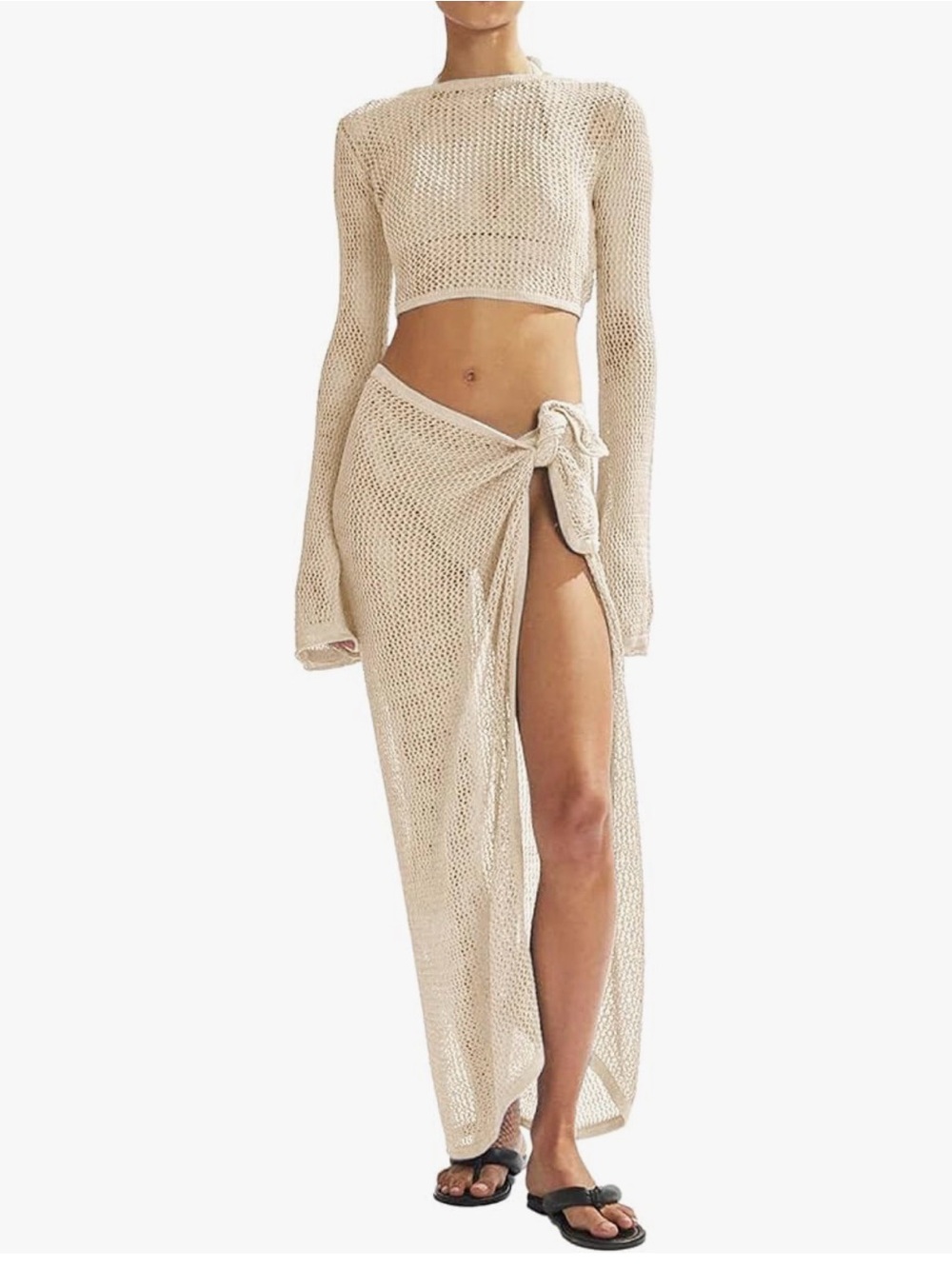 Beige Crochet Tie Maxi Skirt + Top Set - Women